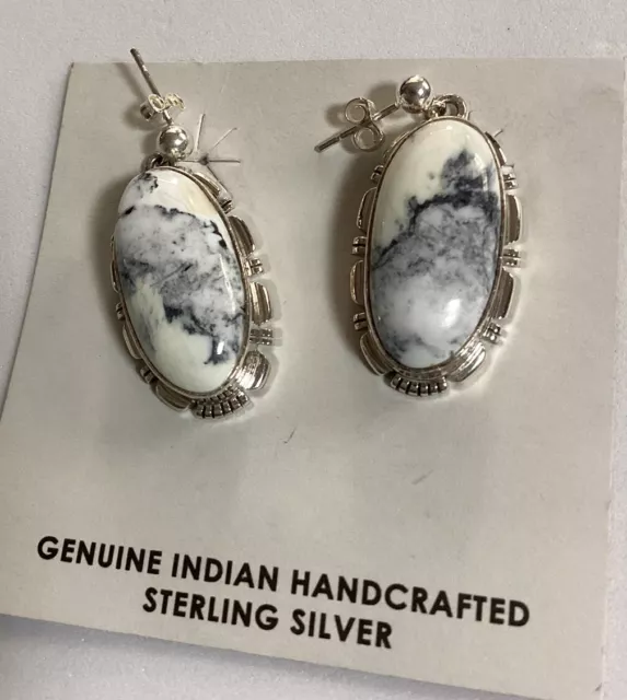 White Buffalo Turquoise Navajo Handmade Sterling Silver Earrings By Allen Lee