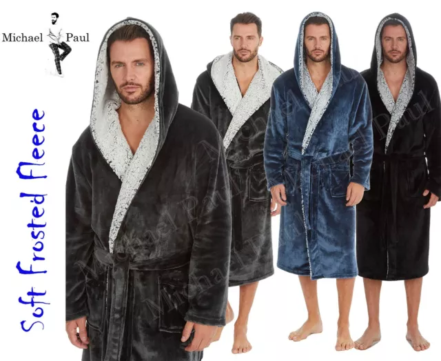 MENS SOFT COZY LUXURY Hooded Fleece Dressing Gown Bathrobe Robe