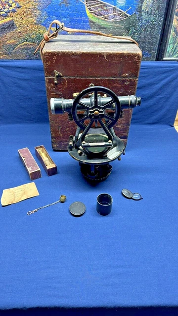 Antique W. & L.E. Gurley 1924 Transit With Case, Loupe, Plumb Bob. Repaired 1955