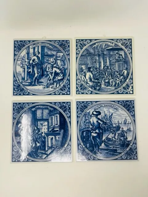 VTG Delft  Blue &White Hand Painted Dutch Holland Ceramic Tile Set of 4 Tiles