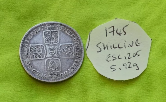 1745 Silver One SHILLING Coin King George II (1727-60) (5.92gram) Lima e ESC1205