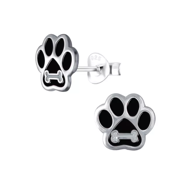 925 Sterling Silver Stud Earrings Black Paw Print Dog Bone Ladies Kids Girls