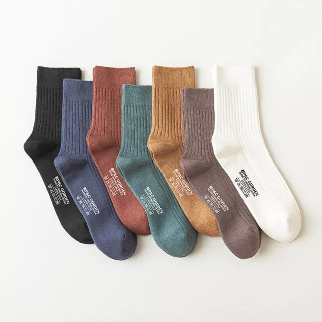 5 Pairs Mens Combed Cotton Socks Lot Warm Pure Color Stripes Casual Dress Sock