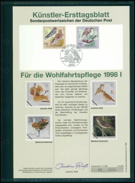 Brd Künstler-Etb 1998/35 Wohlfahrt Vögel Künstler-Ersttagsblatt Ltd. Edition