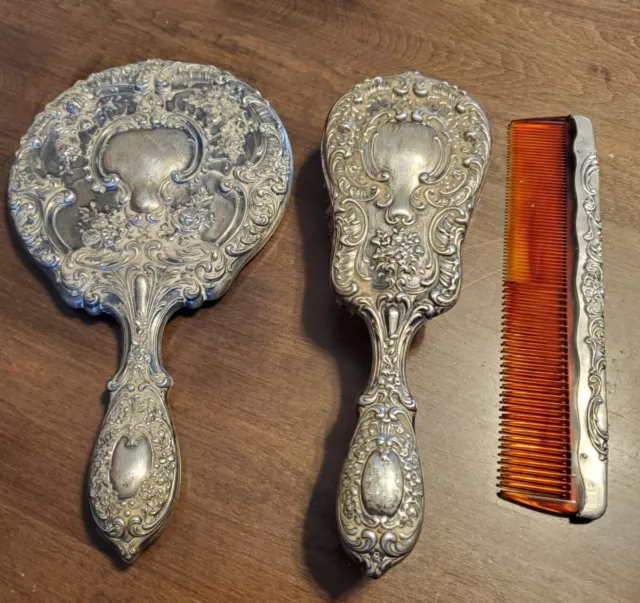 Vtg Gorham Sterling Filigree Vanity Set #23 "Buttercup" Brush,Mirror,Comb ~x948