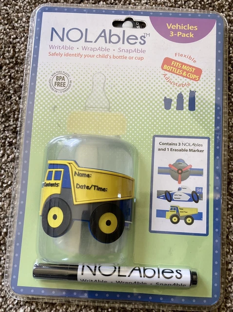 Silicone Reusable Baby Cup Labels and Marker NOLAbles "Vehicles 3 pack" NIP