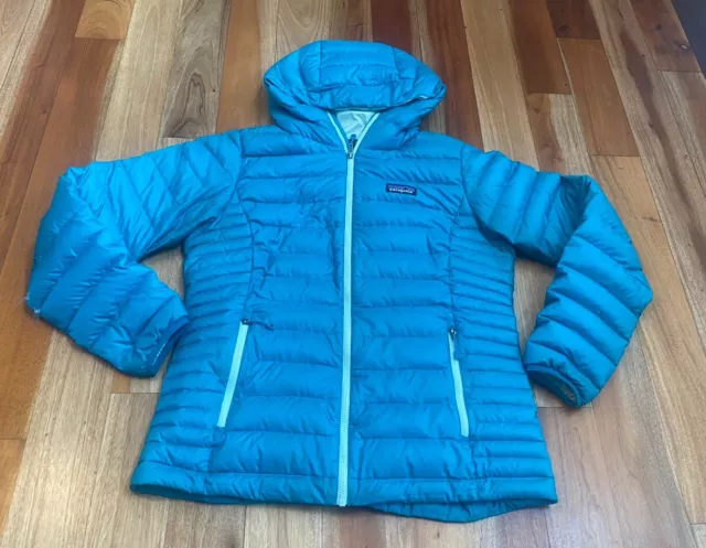 Patagonia Women's Goose Down Jacket Sweater Size Medium HOOD Hoody Full Zip Blue