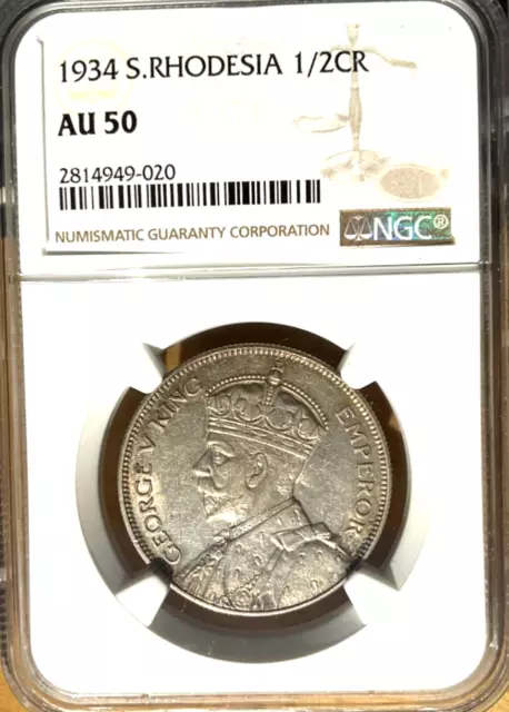 1934 Southern Rhodesia 1/2 Crown, NGC AU 50, Zimbabwe
