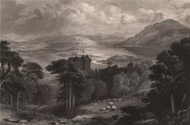 Loch Ken and Castle, Dumfries and Galloway. Scotland 1845 old antique print