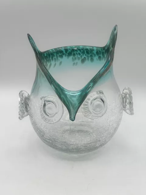 Crackle Art Glass Owl Vase Green On Clear With Gold Flecking Applied Wings Eyes