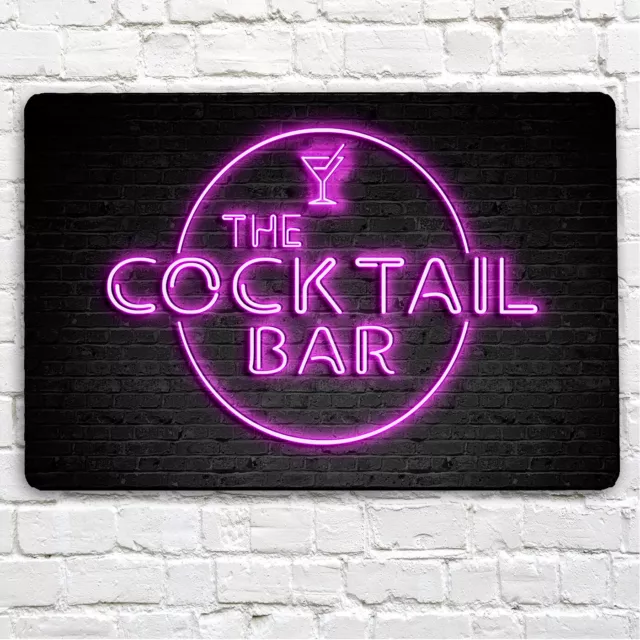 The Cocktail Asta Insegna - Neon Rosa Effetto Stampato Parete Metallica A4