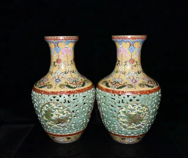 A Pair Estate China Antique Qing Dynasty Famille Rose Porcelain Fish Vase