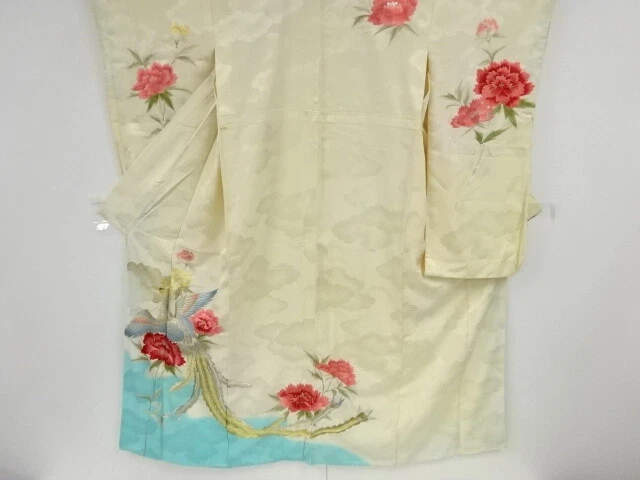 36576# Japanese Kimono / Antique Furisode / Embroidery / Phoenix & Floral Pl