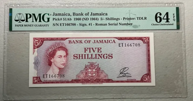 1960 (ND 1964) Jamaica 5/ -Shillings Pick 51 Ab PMG 64 EPQ Choice Uncirculated