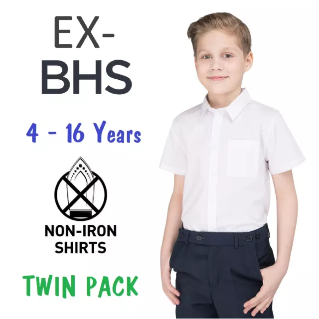 Ex BHS Boys School Shirt (PACK OF 2) White Short Long Sleeve Non Iron Ages 4-16