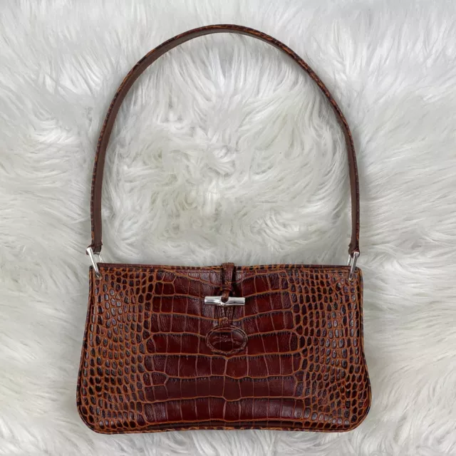 Longchamp Roseau Crocodile Embossed Leather Shoulder Bag Womens Brown Purse