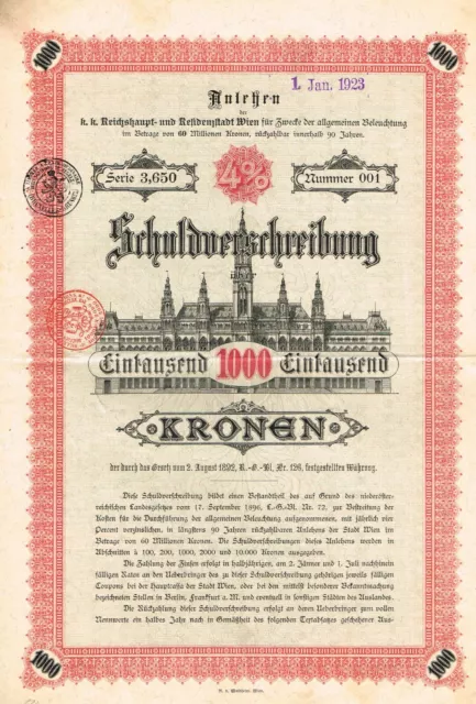 AUSTRIA 4 % DEBENTURE bond/ stock certificate 1000 KRONEN 1892