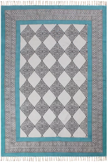 Hand Woven Cotton Dhurries Kitchen Blue Kilim Runner Area Rug Living Room Carpet