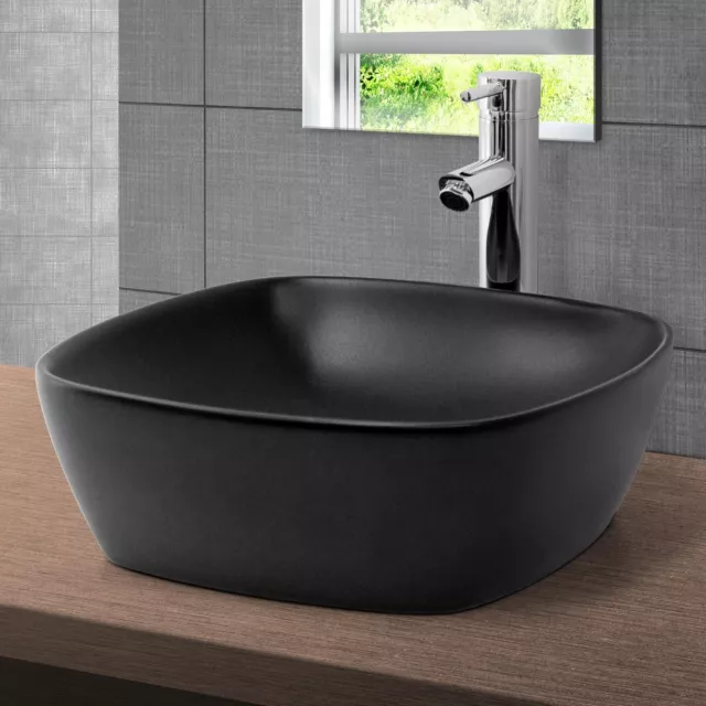 Vasque à poser en céramique noir lavabo comptoir design moderne 405x405x150 mm