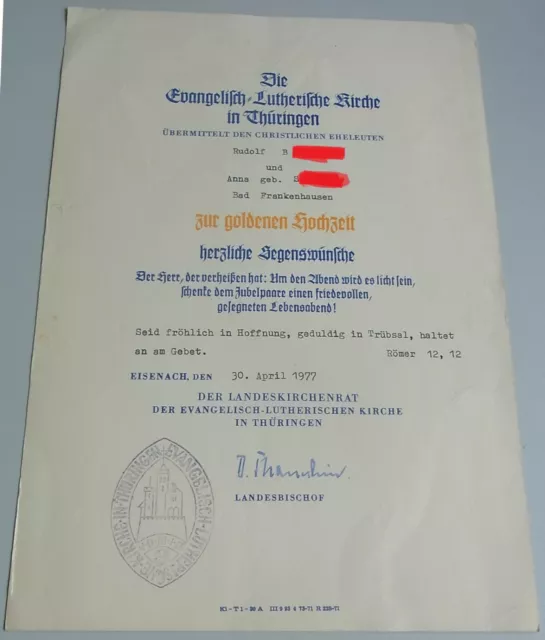 Certificat Eisenach 1977 Pour Doré Mariage; Signature L Évêque Ingo Braecklein