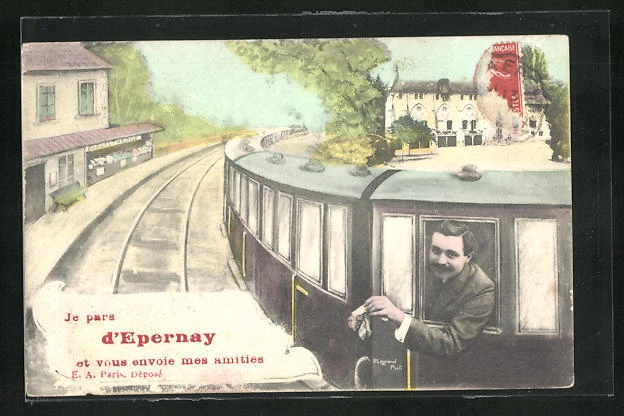 CPA Epernay, La Gare avec abfahrender chemin de fer