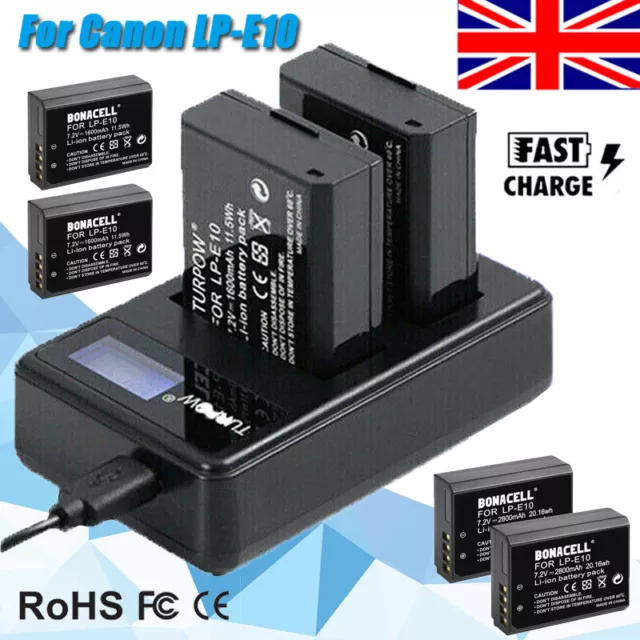 2X Battery for Canon EOS 1100, 1200D, 1300D, 2000D, 4000D - LP-E10 / LCD Charger 3