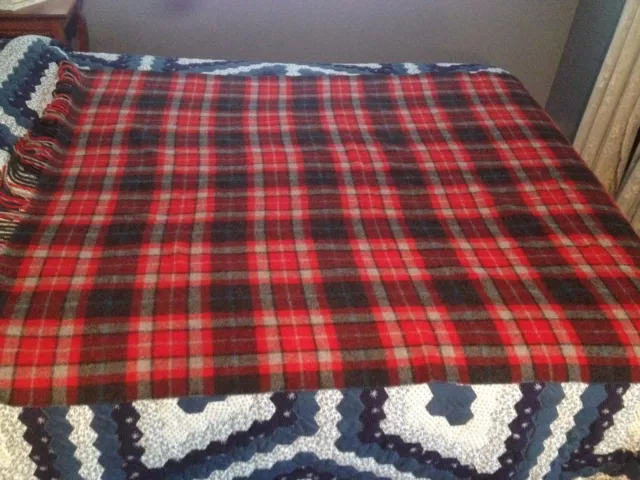 Pendleton Blanket 100 % Wool  Red Black Gray Plaid Throw Camp Fringed 52 X 68