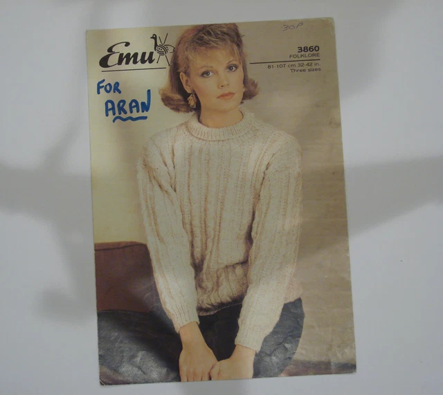KNITTING PATTERN EMU Folklore Ladies Aran Cable Sweater 3242" 3860 £3.