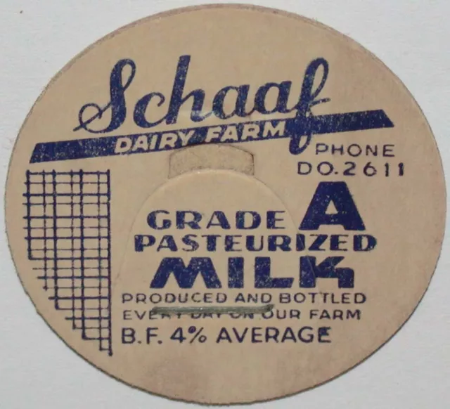 VINTAGE MILK BOTTLE cap SCHAAF DAIRY FARM Pasteurized Milk Columbus ...