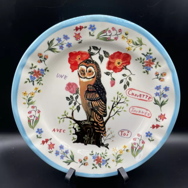 NEW Nathalie Lete Anthropologie Owl Feathers Flowers Berries 8.25” Dessert  Plate