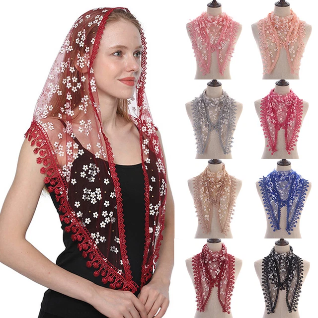 Womens Fringed Triangle Scarf Sheer Floral Scarves Embroidered Lace Veil Flower