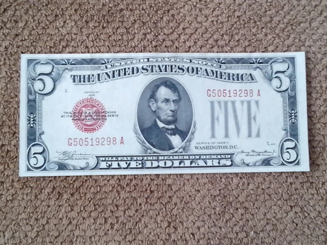 1928 Series C $5 Five Dollar Banknote, Crisp, Very Nice, Red Seal, Xf++ 3