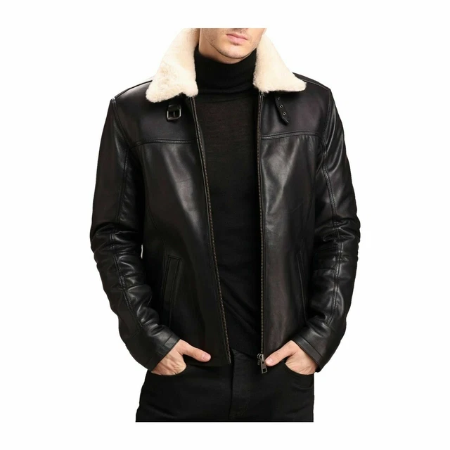 Uomo Originale pelle di Pecora Aviator Colletto Pelo Montone Bomber Giacca Nera