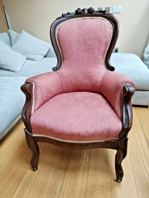 Antique Chair Red / Pink Upholstery & Wood French Victorian Style Throne