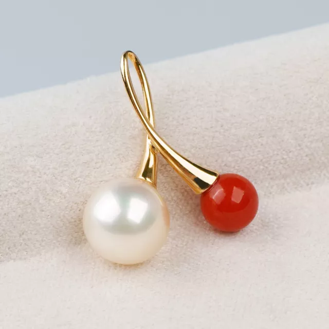 Round Japanese Akoya Pearl&Natural Red Coral Pendant 18K Solid Yellow Gold 3