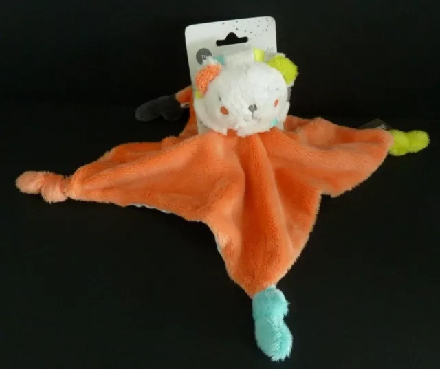 Ni1. DOUDOU PLAT LION CARRE ORCHESTRA orange vert gris blanc rayé - 100 % NEUF