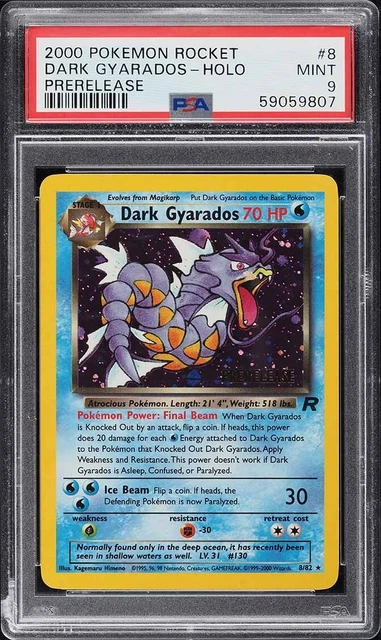 WOTC 2000 Pokemon Team Rocket Prerelease Holo Dark Gyarados 8/82 PSA 9 MINT