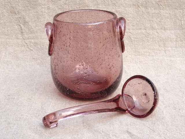 Saladier à punch vintage en verre bullé fumé avec louche assortie - Arts de la table
