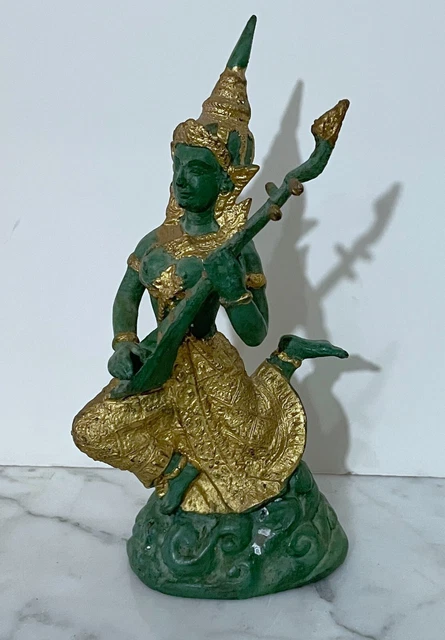 Vintage Green & Gold Color Mixed Metal Thailand Statue Of A Buddhist Deity