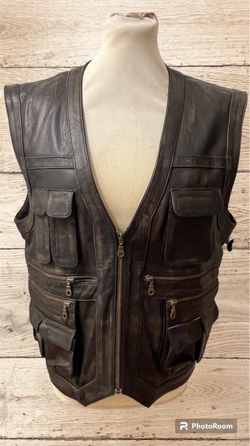 Gilet vintage superior in pelle taglia XL grande utilità biker