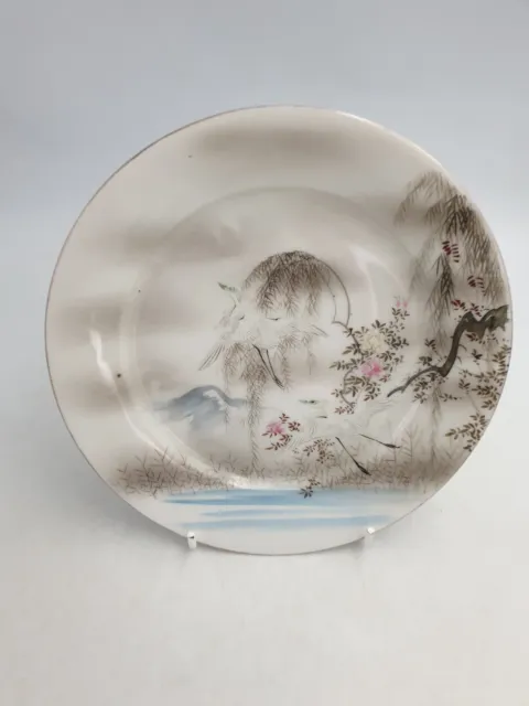 Antique Japanese Fine Porcelain Plate Hand Painted White Egret Heron S Birds Flo