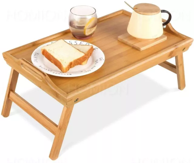 Bamboo Wooden Breakfast Serving Lap Tray Over Bed Table With Folding Legs