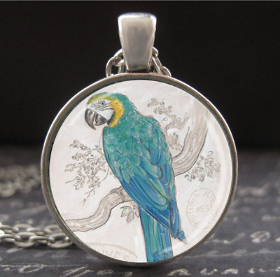 Blue Parrot Necklace Tropical Bird Pendant Vintage Naturalist Art Jewelry Gifts
