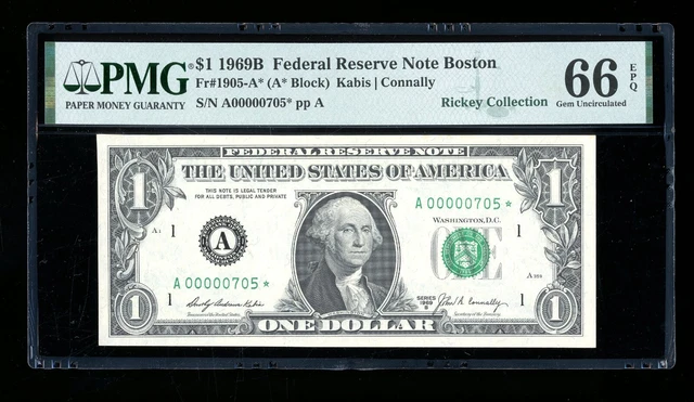 DBR 1969-B $1 FRN Boston Gem STAR Fr. 1905-A* PMG 66 EPQ Low Serial A00000705*