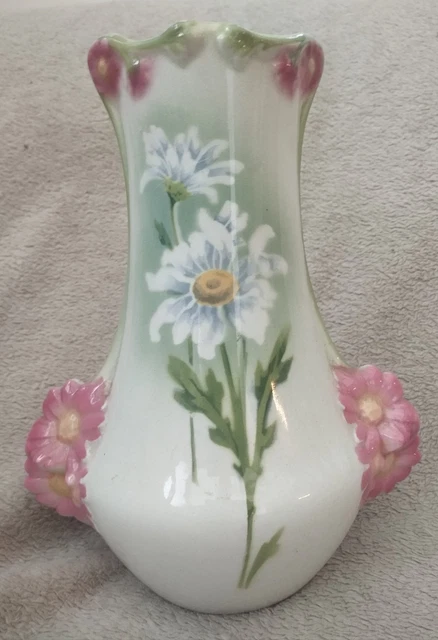 Grand vase ancien en barbotine fleurs Blanc/Bleu/Jaune/Multicolore/Rose