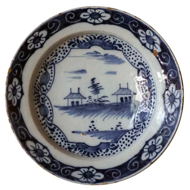 Large Antique Dutch Delft Chinoiserie Blue & White Pottery Plate 18th century