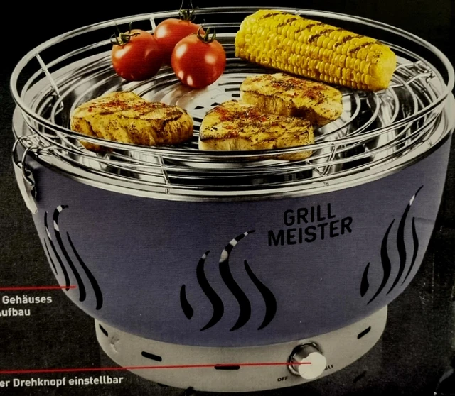 GRILLMEISTER Holzkohlegrill elektrisch, mit aktiver Belüftung in Grau Neu