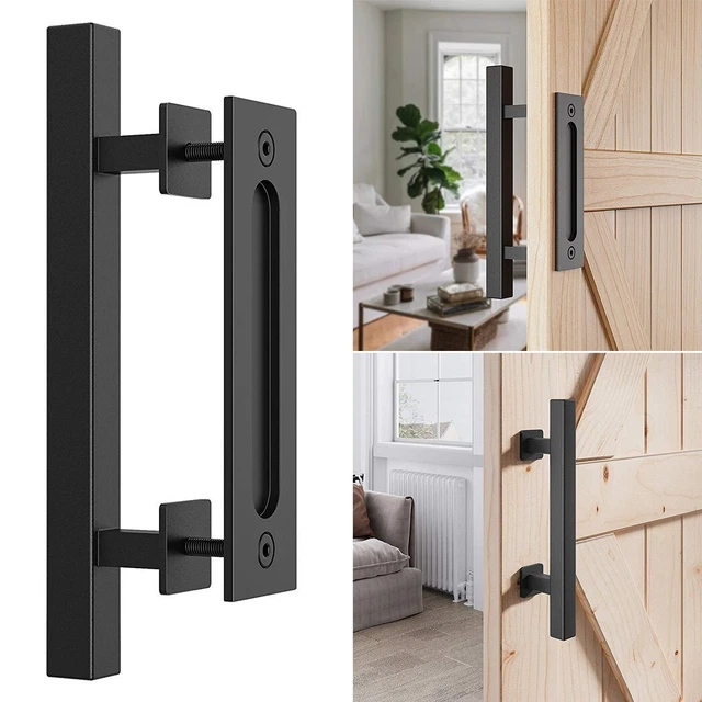 Ensemble de poignées de porte de grange carrée noire premium avec tampon et cl