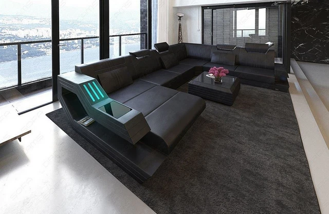 Designersofa Leder Wohnlandschaft RAVENNA XXL Form Recamiere LED Beleuchtung USB