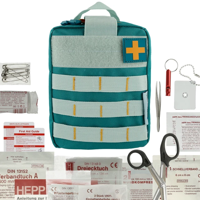 Erste Hilfe Set Verband Pflaster Outdoor Medikit Pinzette Schere klein petrol